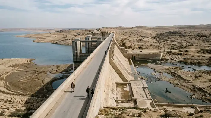 Le barrage de Tabqa sur l'Euphrate, en Syrie, avec un niveau d'eau réduit.