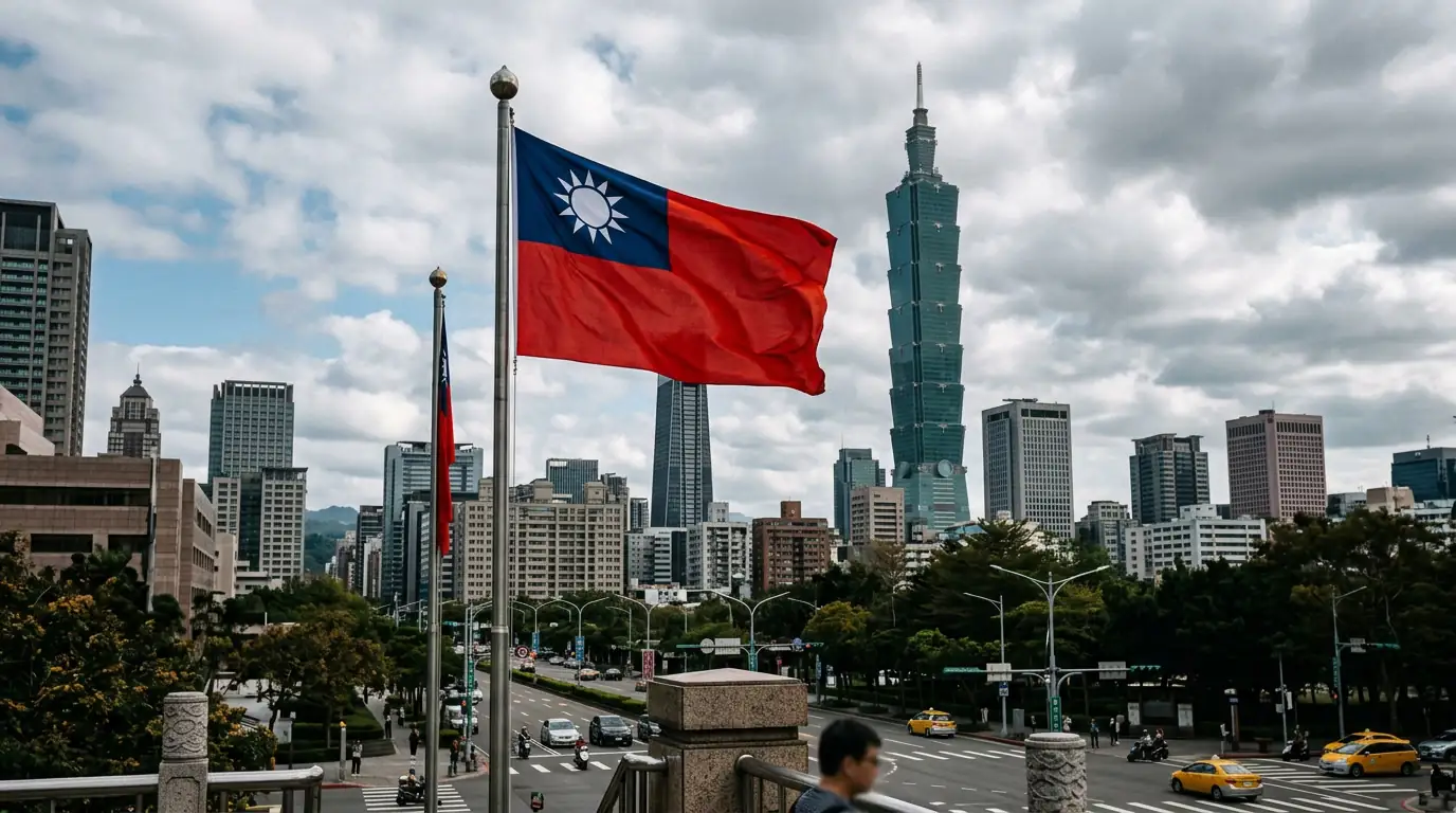Drapeau de Taïwan flottant devant les gratte-ciels de Taipei, symbole d'une démocratie insulaire sous pression.