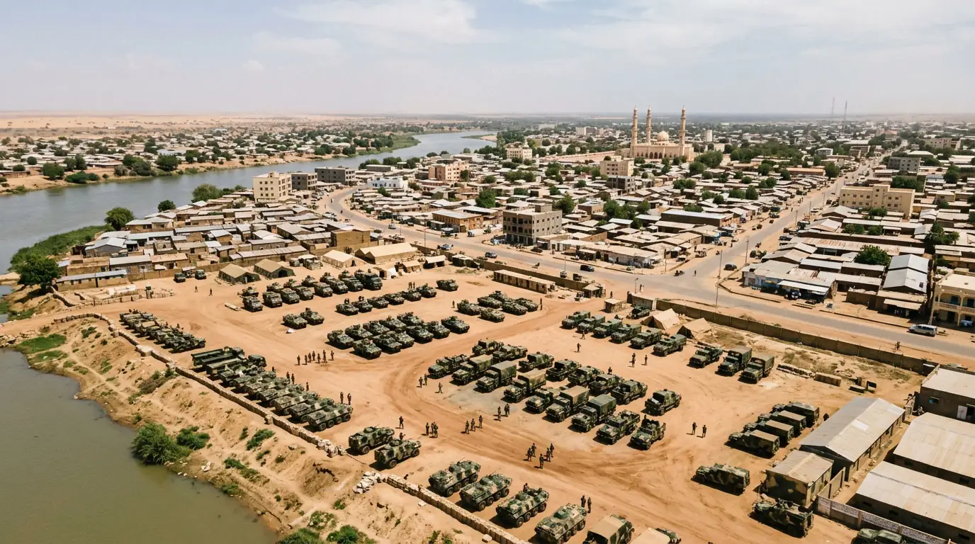 Vue aérienne de N'Djamena avec des véhicules militaires tchadiens sur une base au premier plan, illustrant le repositionnement stratégique du pays après le retrait français.