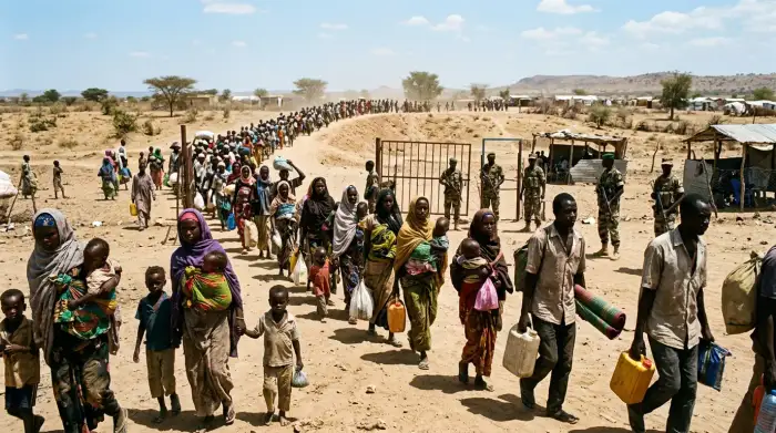 File de réfugiés soudanais franchissant la frontière à Adré, dans la province tchadienne du Ouaddaï, sous un soleil de plomb.