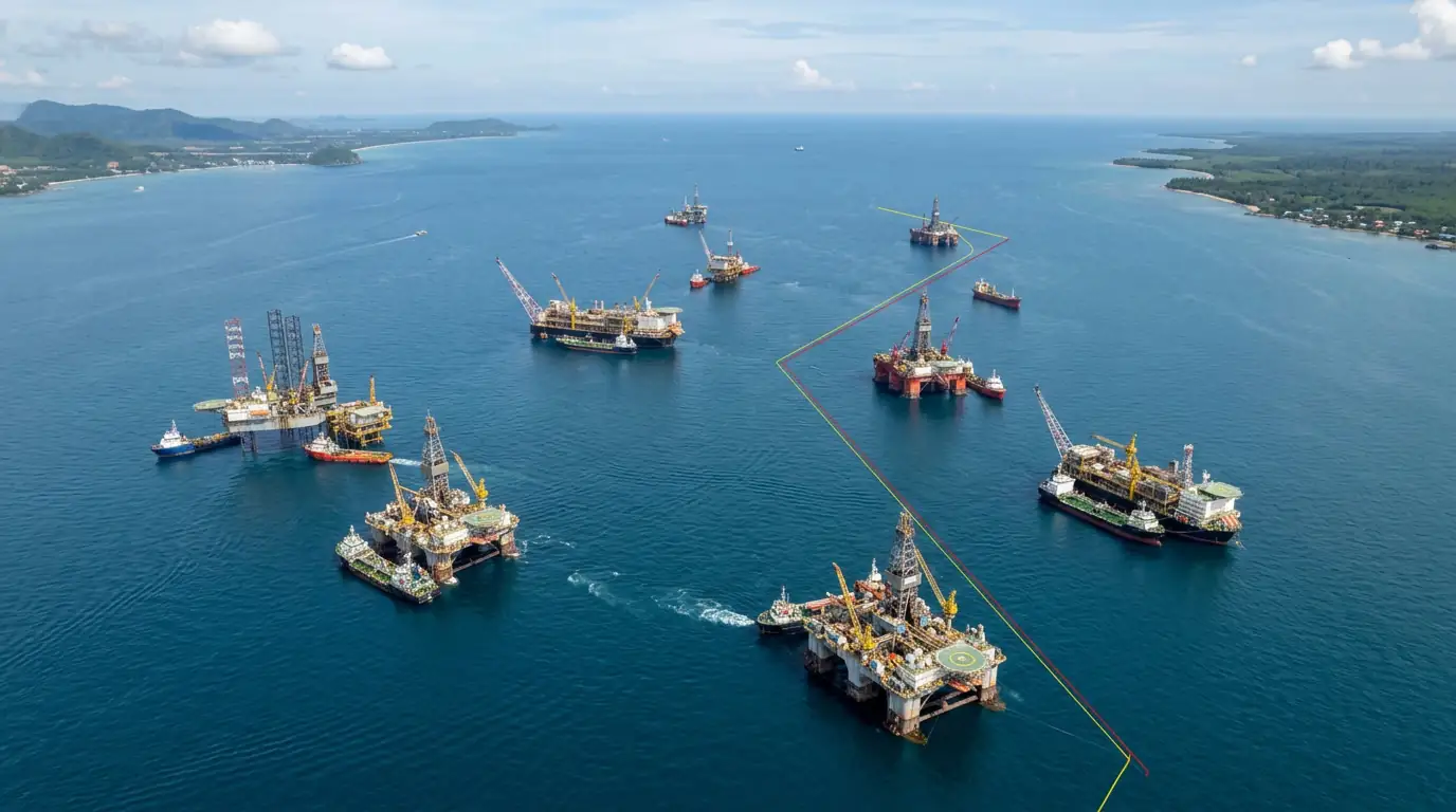 Vue aérienne du golfe de Thaïlande avec des plateformes pétrolières au large, illustrant le différend maritime entre la Thaïlande et le Cambodge.