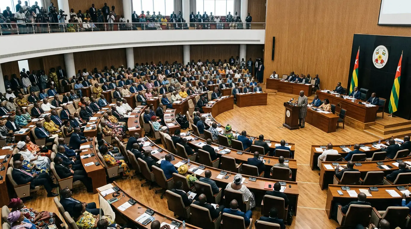 Hémicycle togolais avec des sièges majoritairement occupés par les élus du parti au pouvoir, symbole de l'hégémonie de l'Union pour la République à Lomé.