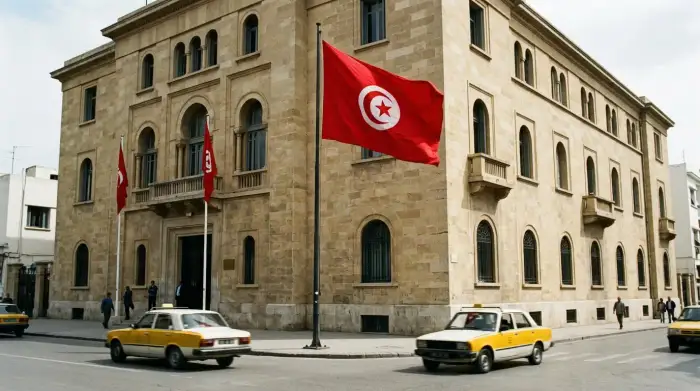 Drapeau tunisien flottant devant un bâtiment financier officiel à Tunis, symbole du bras de fer entre la Tunisie et le FMI et du financement intérieur de l'État.