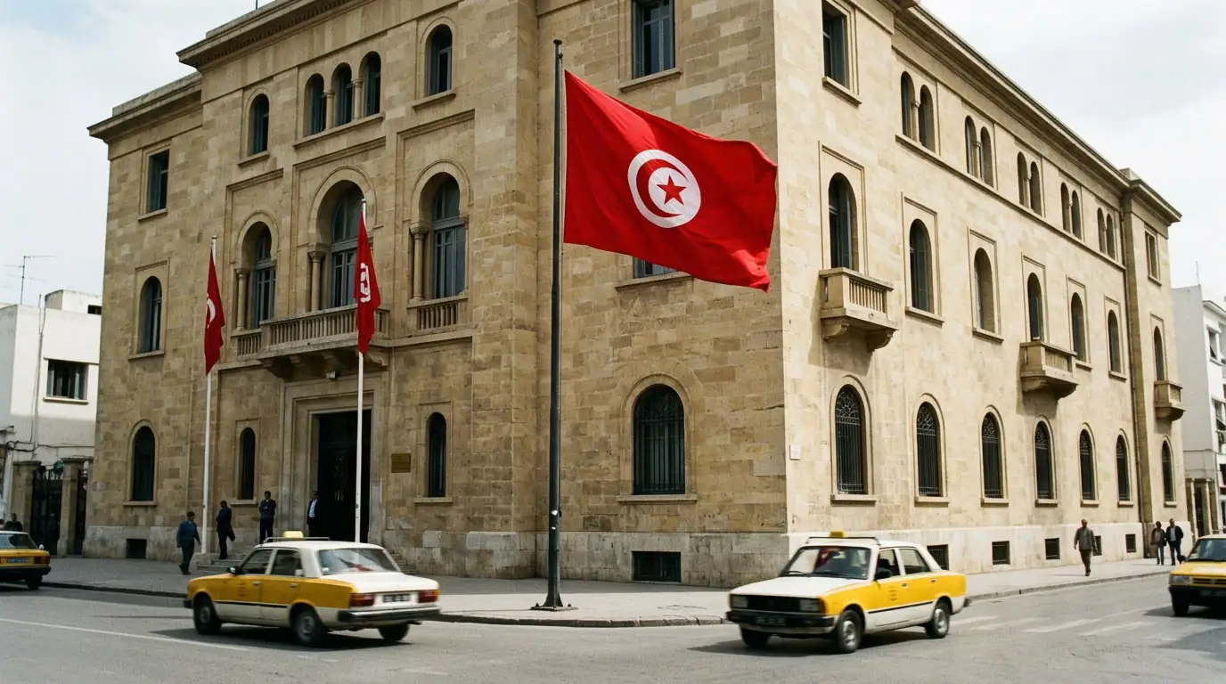 Drapeau tunisien flottant devant un bâtiment financier officiel à Tunis, symbole du bras de fer entre la Tunisie et le FMI et du financement intérieur de l'État.