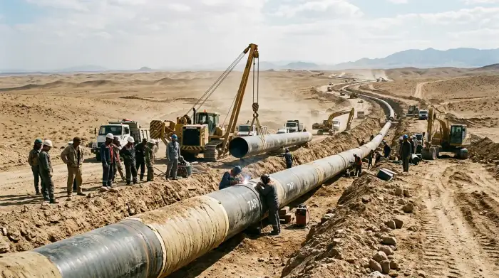 Tronçon de gazoduc en construction dans un désert d'Asie centrale, illustrant le projet TAPI reliant le Turkménistan à l'Afghanistan.