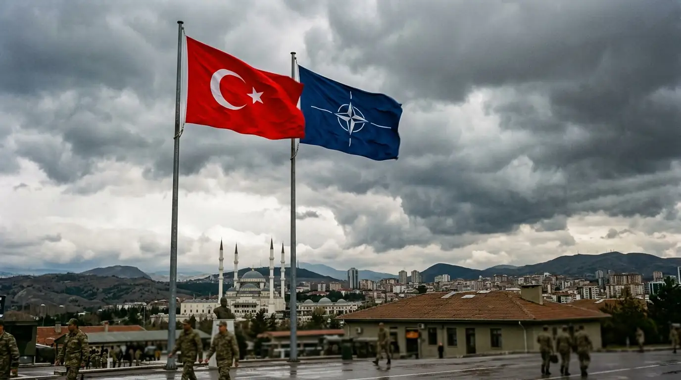 Drapeaux de la Turquie et de l'OTAN flottant côte à côte devant un ciel chargé, symbole de l'équilibre stratégique d'Ankara.