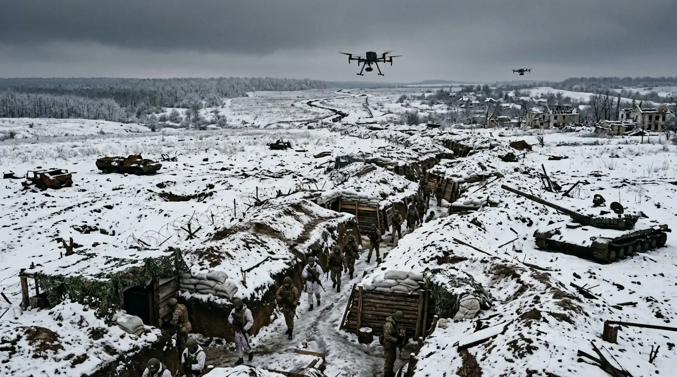Carte du front ukrainien en 2026 avec drones de surveillance au-dessus de tranchées enneigées, illustrant une guerre d'usure figée.