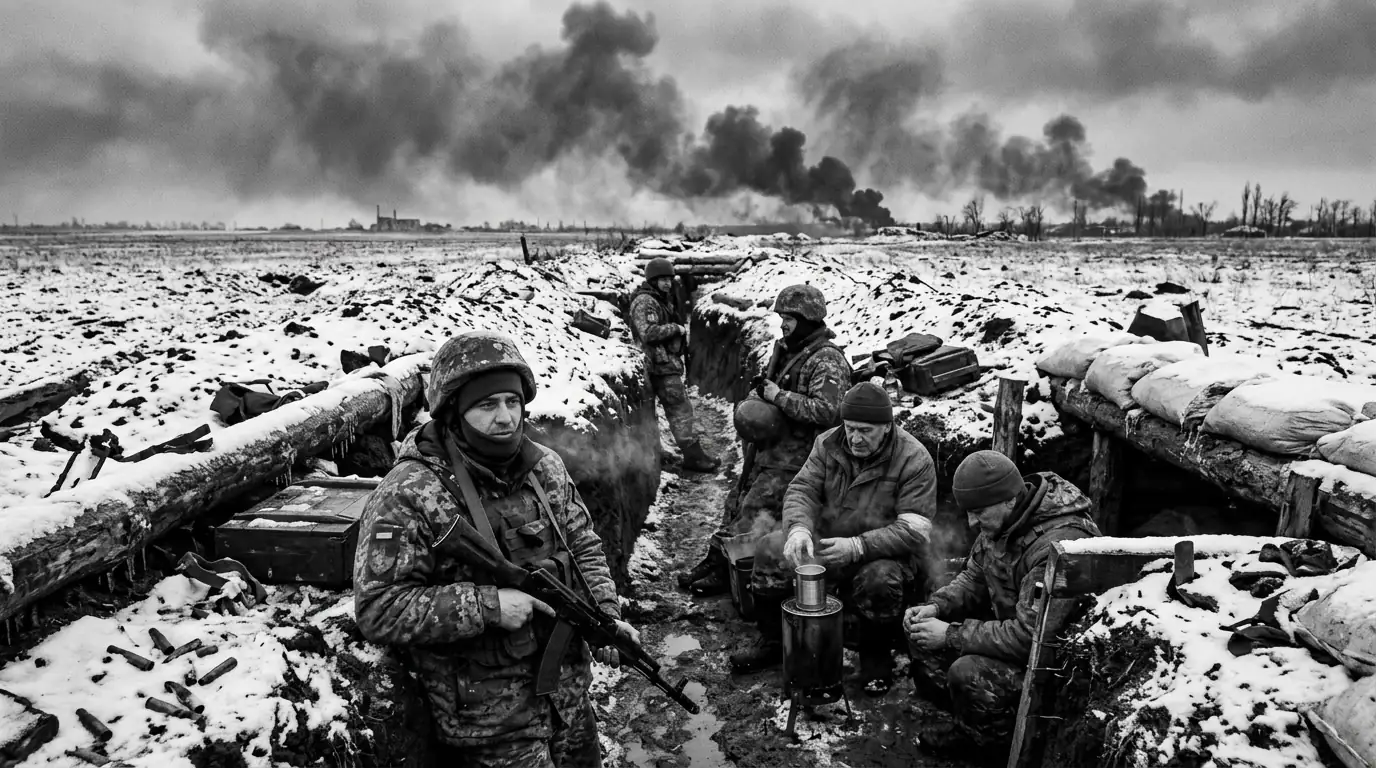 Soldats ukrainiens dans une tranchée enneigée du Donbass, sous un ciel chargé de fumée, illustrant la guerre d'attrition dans sa cinquième année.