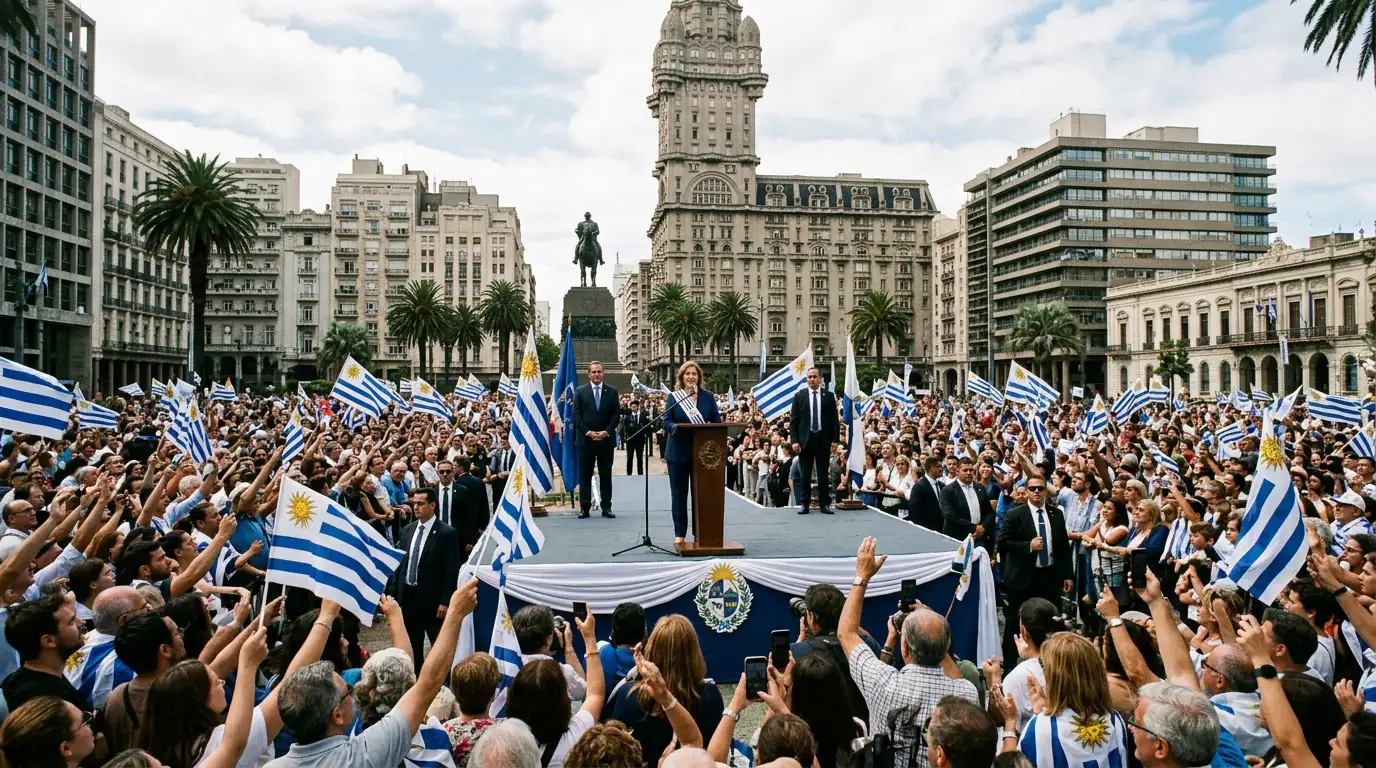 Cérémonie d'investiture présidentielle sur la Plaza Independencia de Montevideo, foule et drapeaux uruguayens devant le palais Salvo.