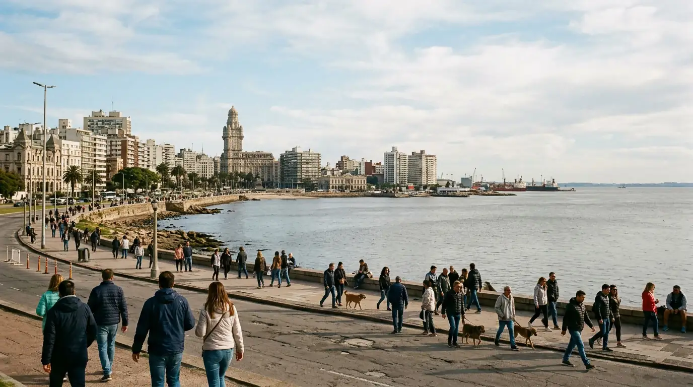Vue de Montevideo et du Río de la Plata depuis la Rambla, symbole de la stabilité institutionnelle uruguayenne face aux turbulences économiques régionales.