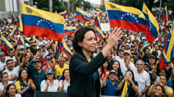 Portrait de María Corina Machado, opposante vénézuélienne et prix Nobel de la paix 2025, devant une foule de partisans agitant des drapeaux du Venezuela.