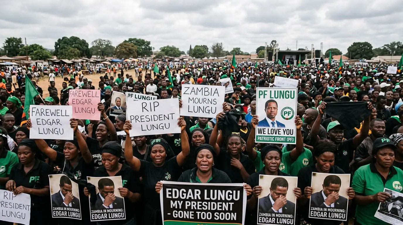 Une foule de partisans zambiens en deuil portant des affiches d'Edgar Lungu lors d'un rassemblement politique à Lusaka.