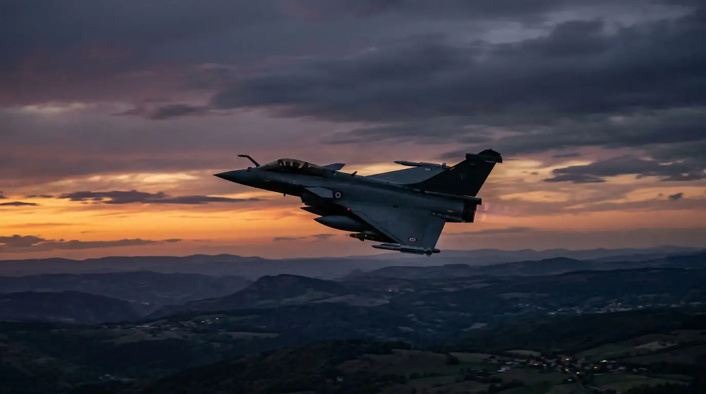 Rafale en vol au crépuscule, symbole du tournant solitaire de la défense aérienne française