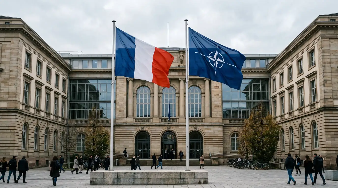 Drapeaux de la France et de l'OTAN côte à côte devant un bâtiment institutionnel européen