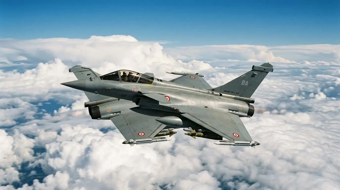 Un Rafale en vol au-dessus des nuages, symbole de la puissance aérienne française à l'exportation