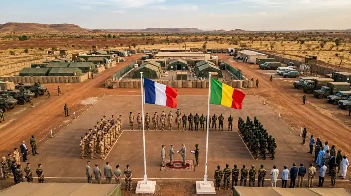 Vue aérienne d'un camp militaire français en cours de restitution en Afrique de l'Ouest, avec drapeaux national et local côte à côte lors d'une cérémonie de transfert