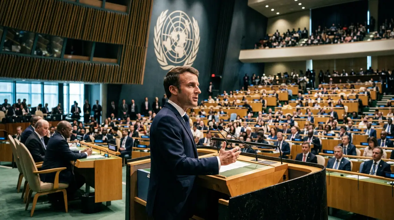Emmanuel Macron à la tribune de l'Assemblée générale des Nations unies à New York lors de la session de septembre 2025