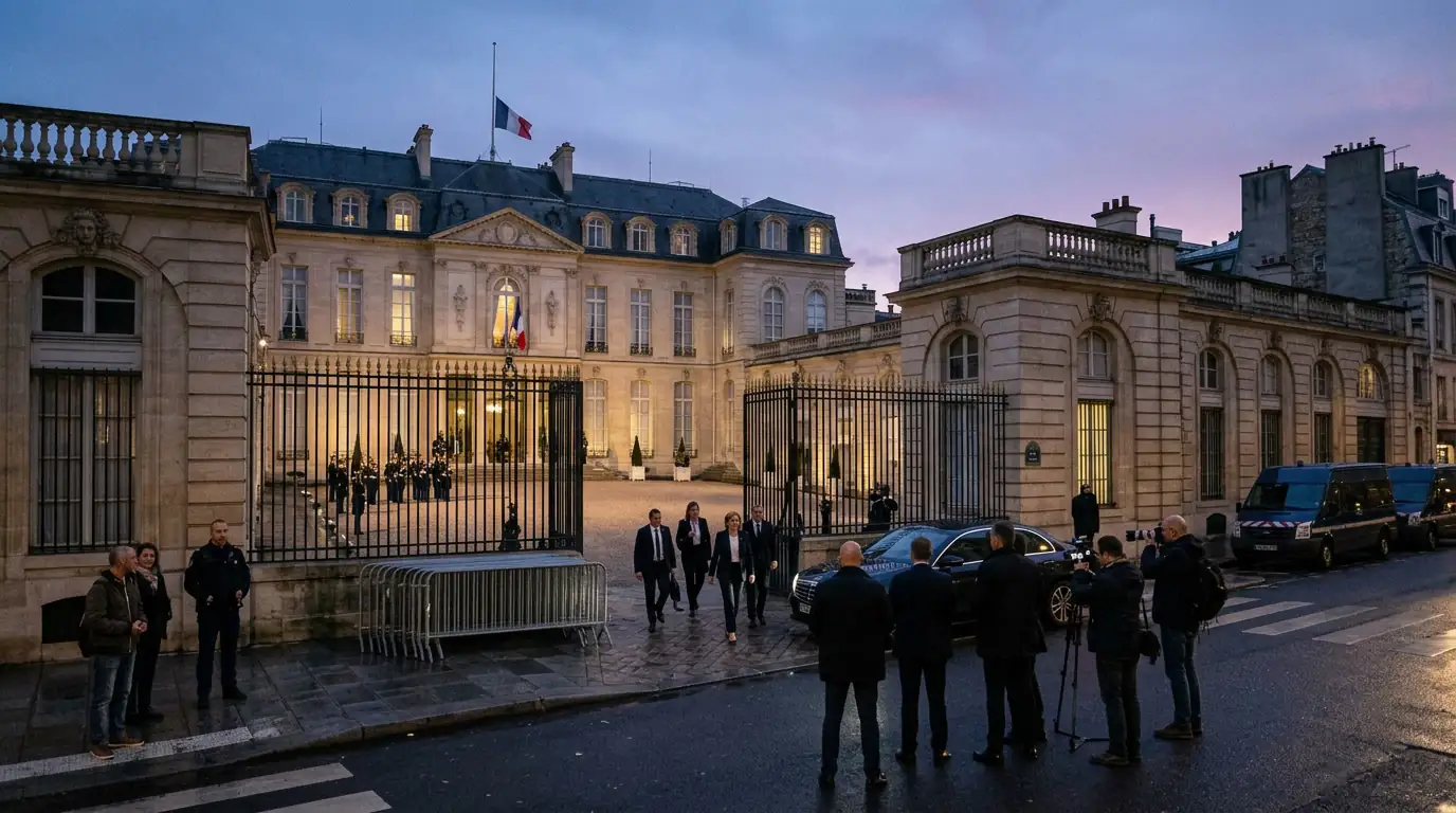 Vue du Palais de l'Élysée en fin de journée, siège de la présidence française, symbole d'un pouvoir exécutif mis sous pression par l'instabilité parlementaire et la contrainte budgétaire