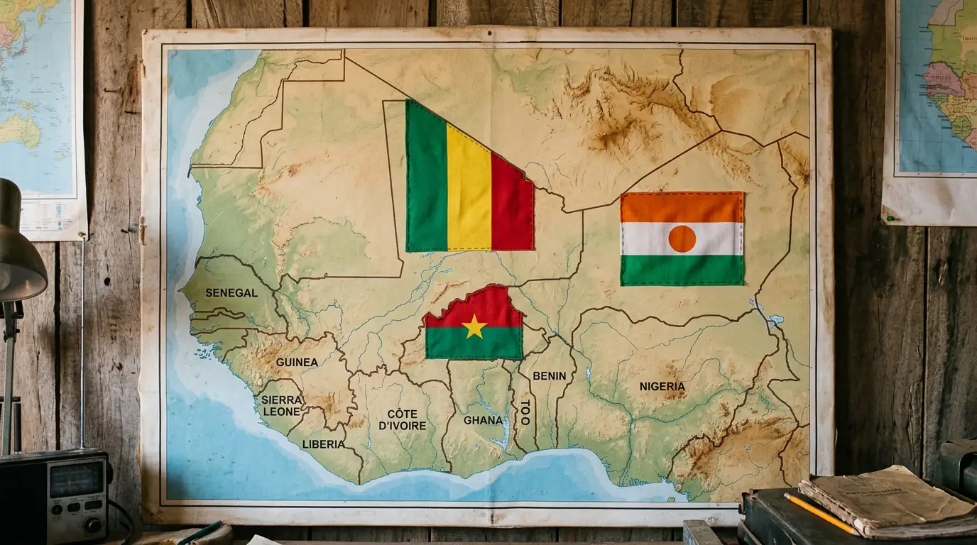Carte de l'Afrique de l'Ouest avec les drapeaux du Mali, du Burkina Faso et du Niger en surimpression, symbolisant le bloc de l'Alliance des États du Sahel