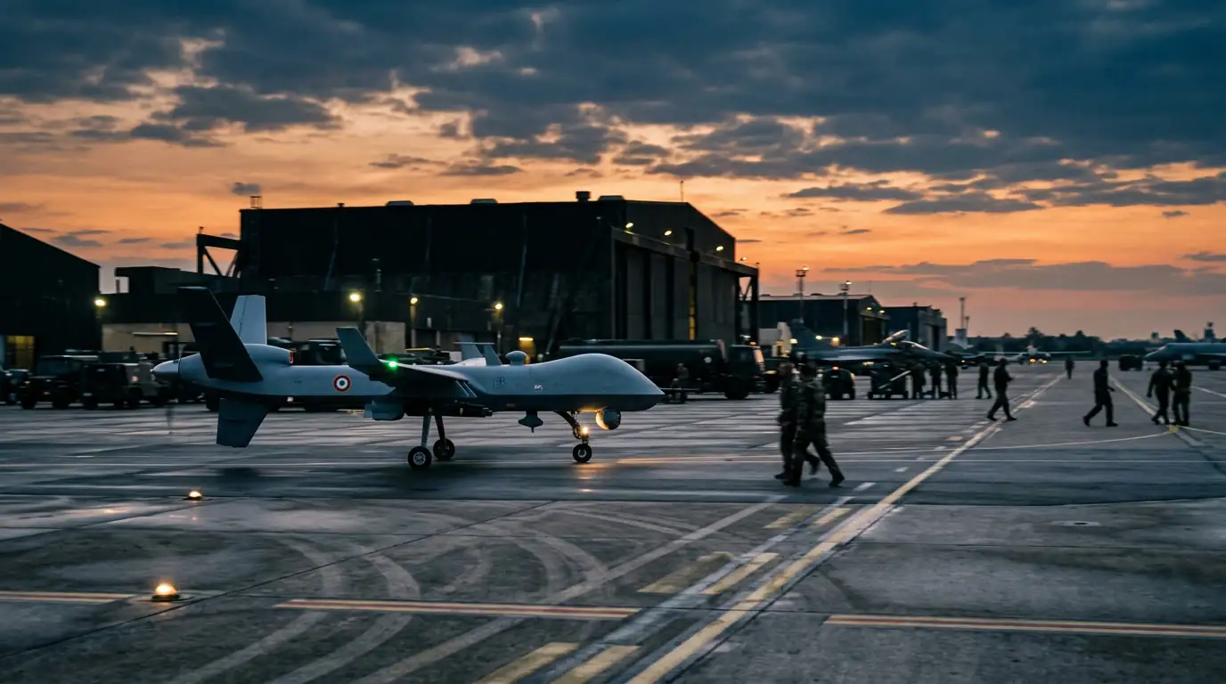 Drone militaire MALE aux cocardes françaises au roulage sur le tarmac d'une base aérienne au crépuscule, hangars et opérateurs en silhouette à l'arrière-plan.
