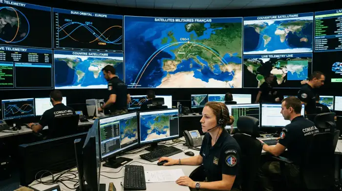 Salle de commandement spatiale avec écrans montrant la trajectoire de satellites militaires français au-dessus de l'Europe