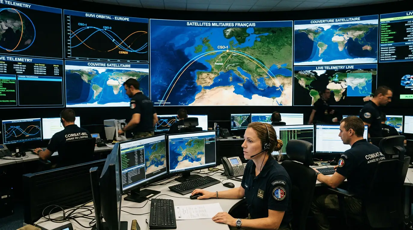 Salle de commandement spatiale avec écrans montrant la trajectoire de satellites militaires français au-dessus de l'Europe