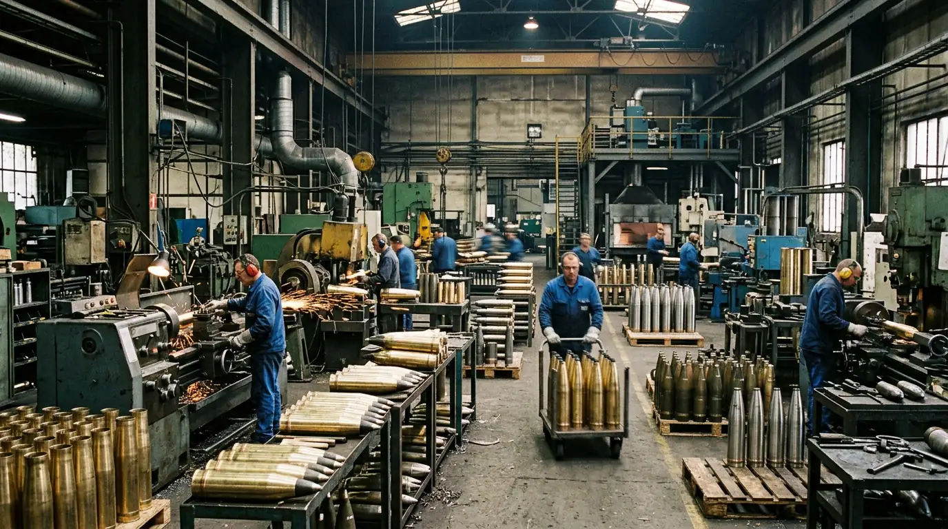 Usine française de production de munitions en activité, symbolisant l'économie de guerre et le réarmement