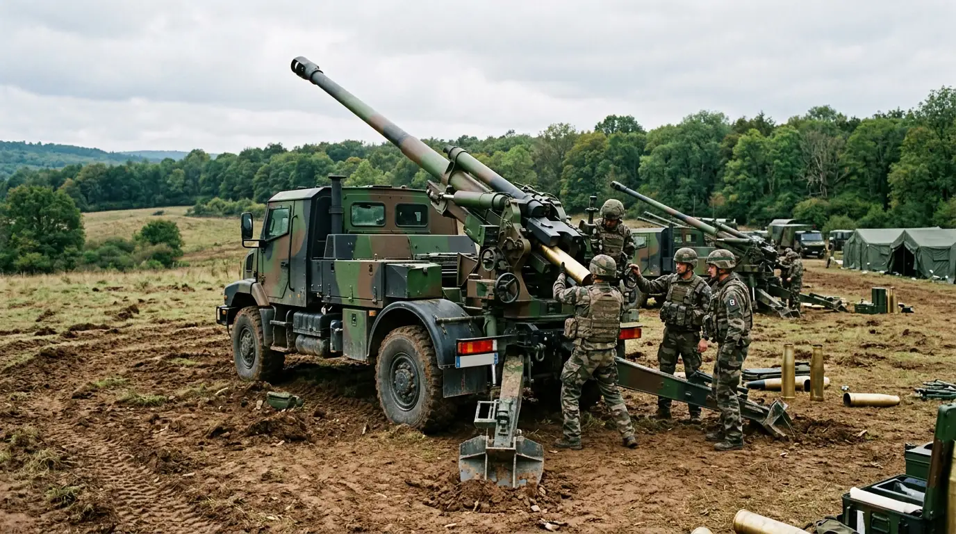 Canon Caesar de l'armée française en position de tir, symbole de la montée en cadence de la production de munitions