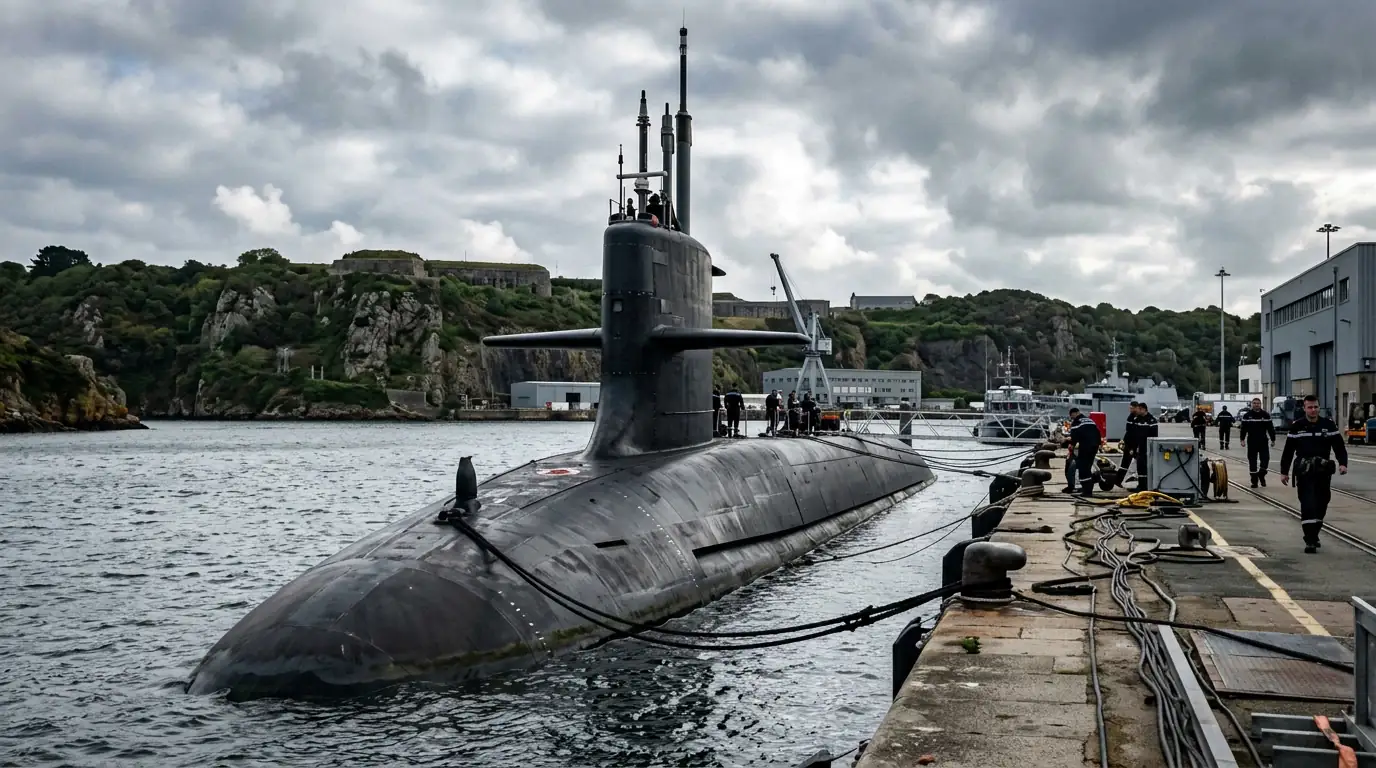 Sous-marin nucléaire lanceur d'engins à quai à la base de l'Île Longue, en Bretagne