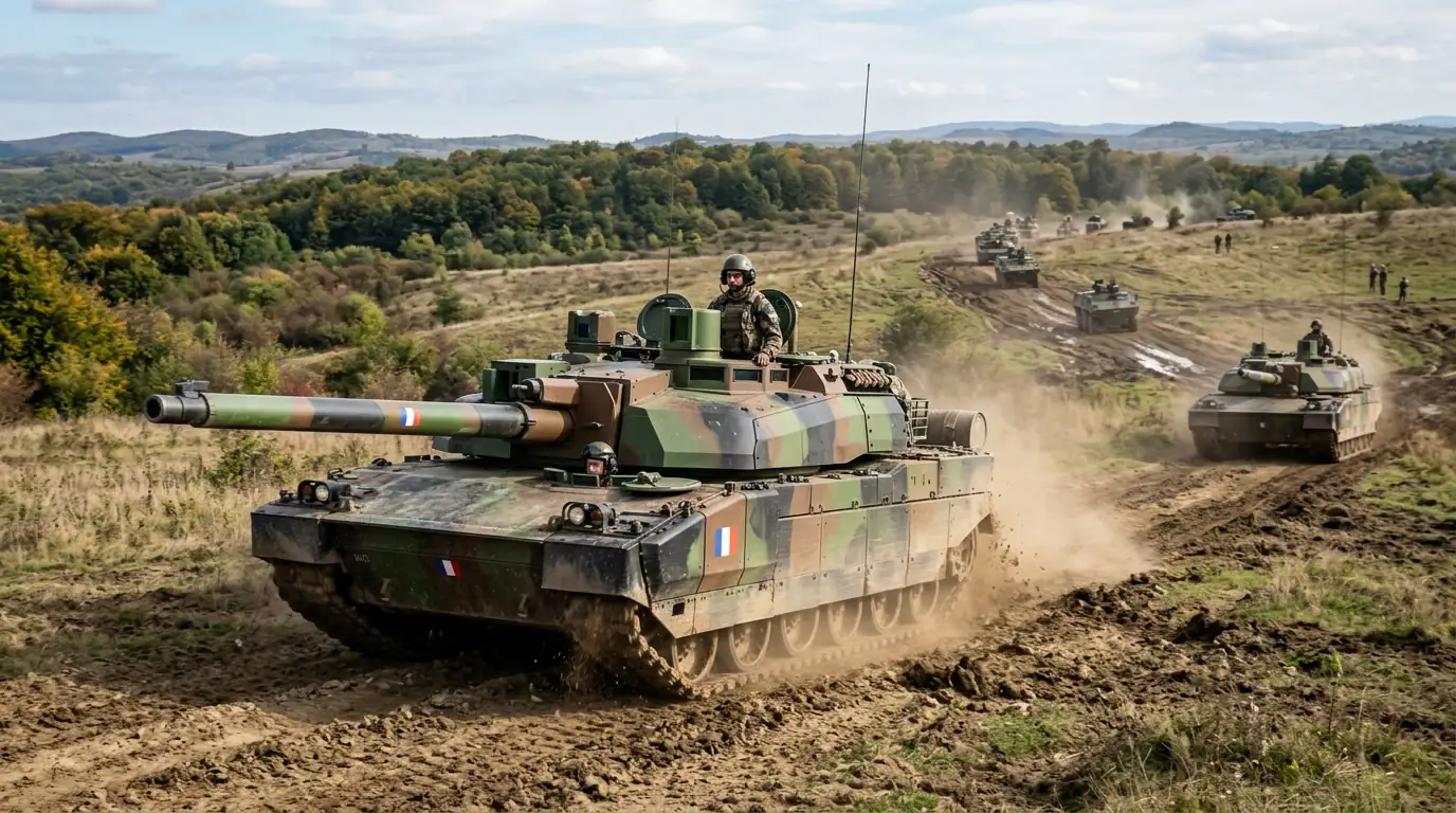 Chars Leclerc français en manœuvre lors de l'exercice Dacian Fall en Roumanie