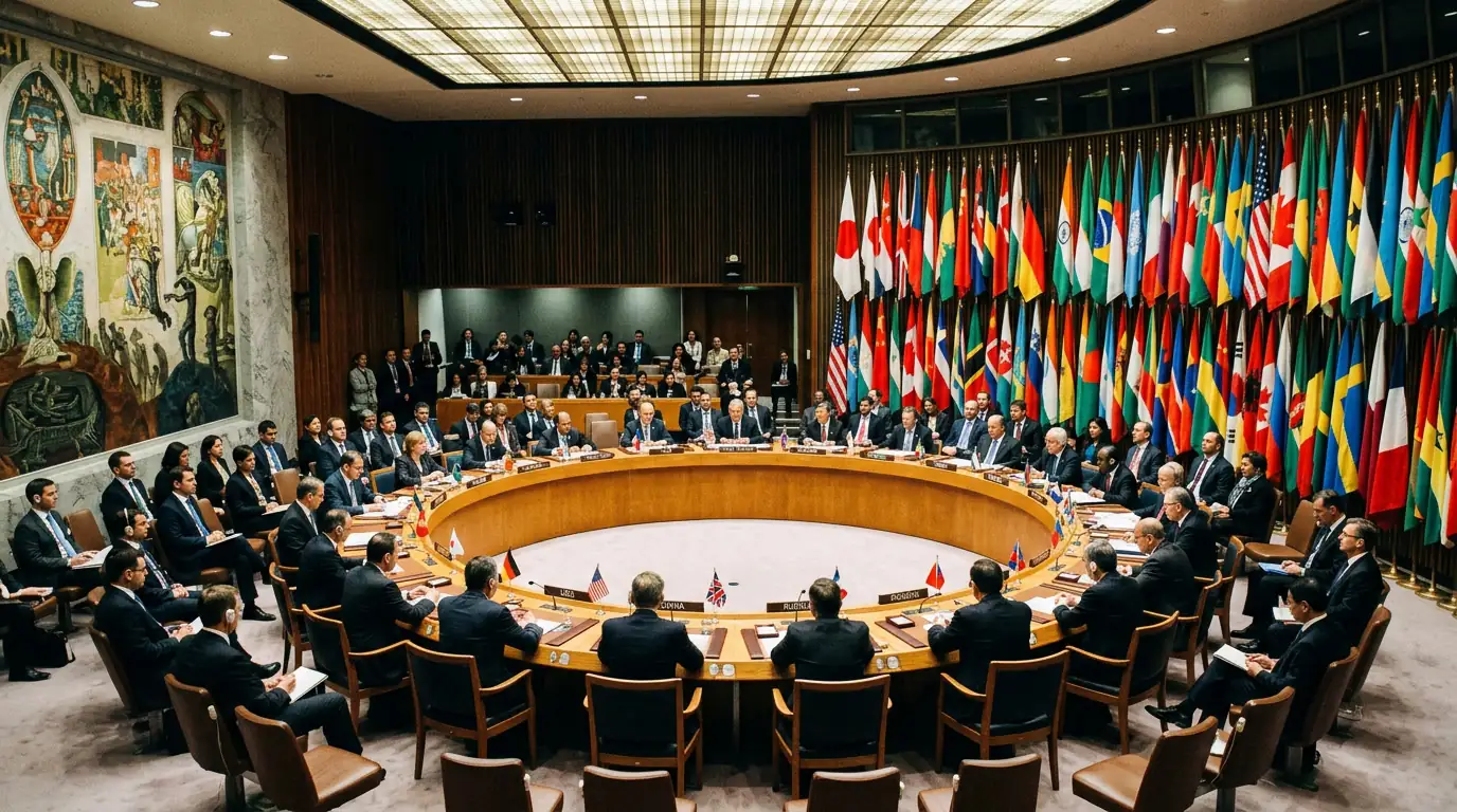 Salle du Conseil de sécurité des Nations Unies à New York avec drapeaux des États membres