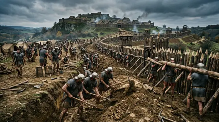 Légionnaires romains creusant fossés et palissades autour de l'oppidum d'Alésia perché sur sa colline, à l'automne 52 avant notre ère.