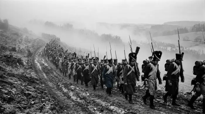 Plateau de Pratzen au matin du 2 décembre 1805 : fantassins français en colonne gravissant la pente dans le brouillard qui se lève, baïonnettes au canon, sous un ciel d'hiver pâle.