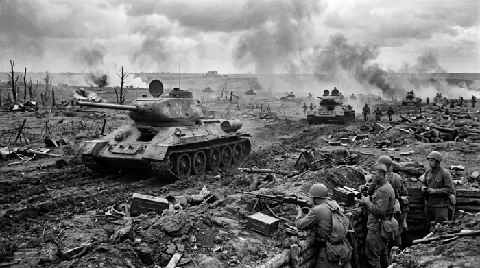 Chars soviétiques T-34 et positions antichars dans le saillant de Koursk durant l'offensive allemande de l'été 1943.