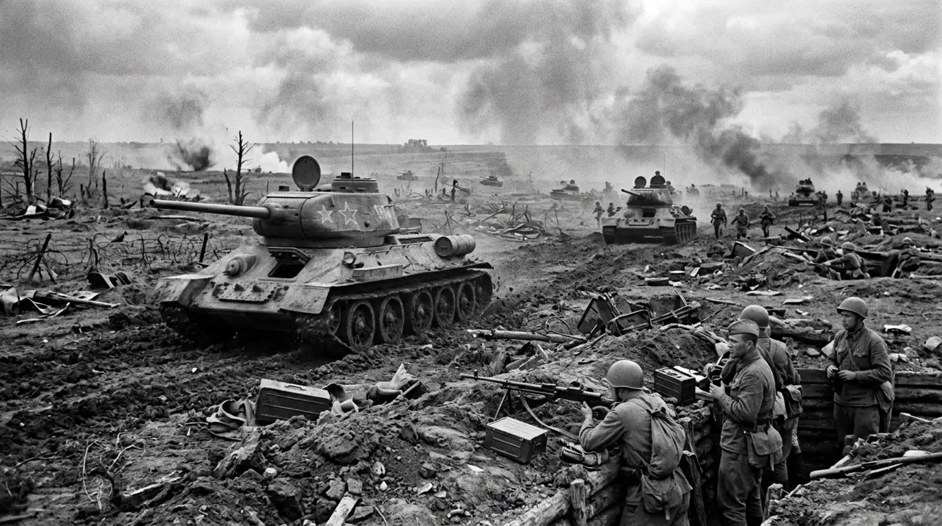 Chars soviétiques T-34 et positions antichars dans le saillant de Koursk durant l'offensive allemande de l'été 1943.