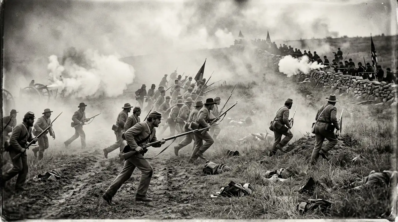 Fantassins confédérés progressant à découvert sous la fumée des canons vers une crête tenue par l'infanterie de l'Union derrière un muret de pierres, Pennsylvanie, juillet 1863.