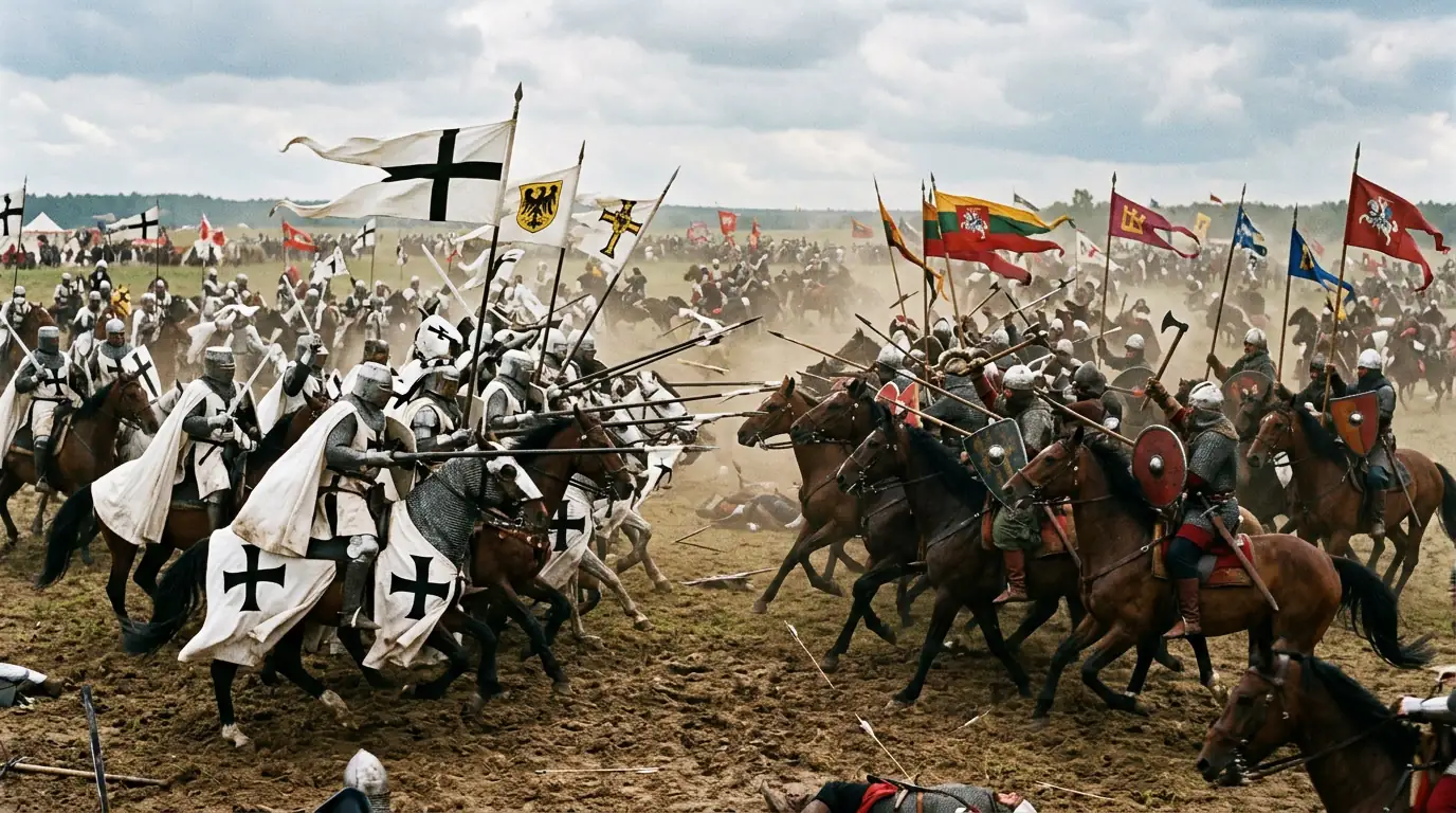 Chevaliers de l'ordre Teutonique en manteau blanc à croix noire chargeant la cavalerie lituanienne dans une plaine, étendards déployés, bataille de Grunwald de 1410.