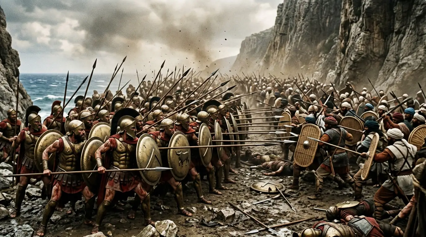 Hoplites grecs en formation de phalange défendant le défilé étroit des Thermopyles face à l'armée perse en 480 avant J.-C.