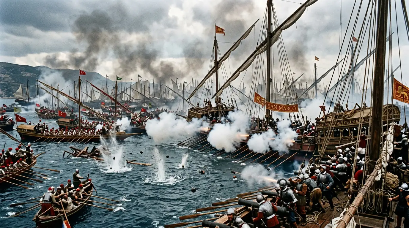 Galéasses vénitiennes ouvrant le feu de leurs canons sur la flotte de galères ottomanes dans le golfe de Patras, le 7 octobre 1571.