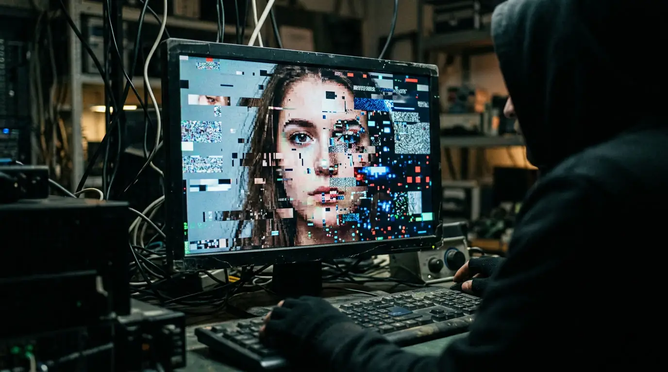 Visage humain numérique fragmenté en pixels symbolisant la manipulation par deepfake.