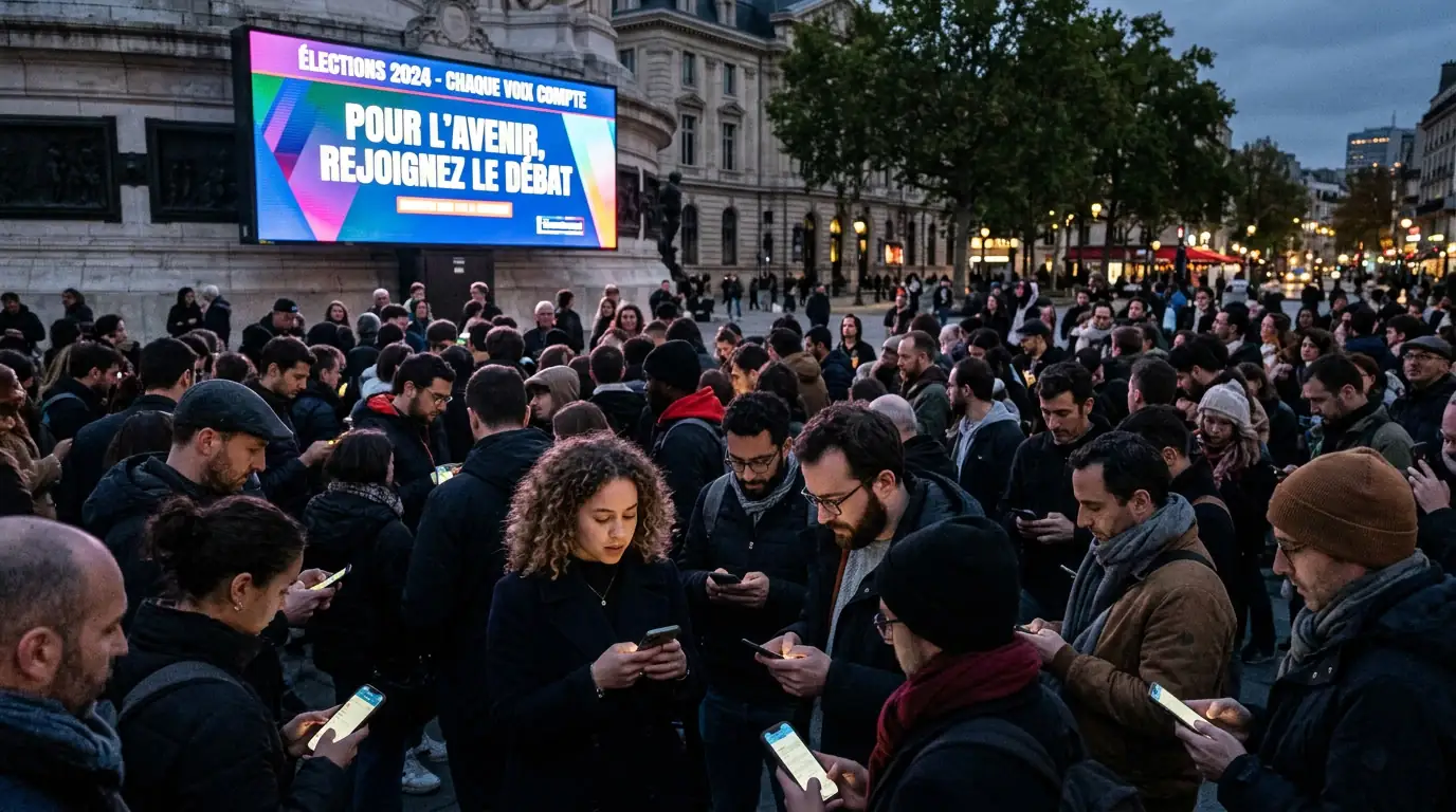 Foule de citoyens consultant leurs smartphones devant un écran géant diffusant des messages politiques.