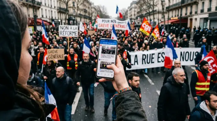 Main tenant un smartphone affichant un fil d'actualité pendant une manifestation.