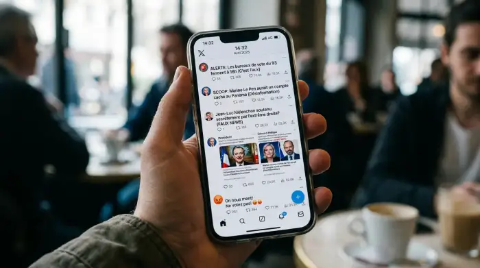 Écran de smartphone affichant un flux d'informations, illustrant la désinformation sur les réseaux sociaux pendant une élection.