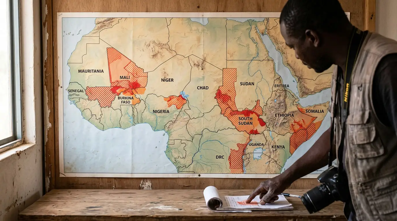 Carte du Sahel et de la Corne de l'Afrique illustrant les zones de conflit et d'instabilité régionale.