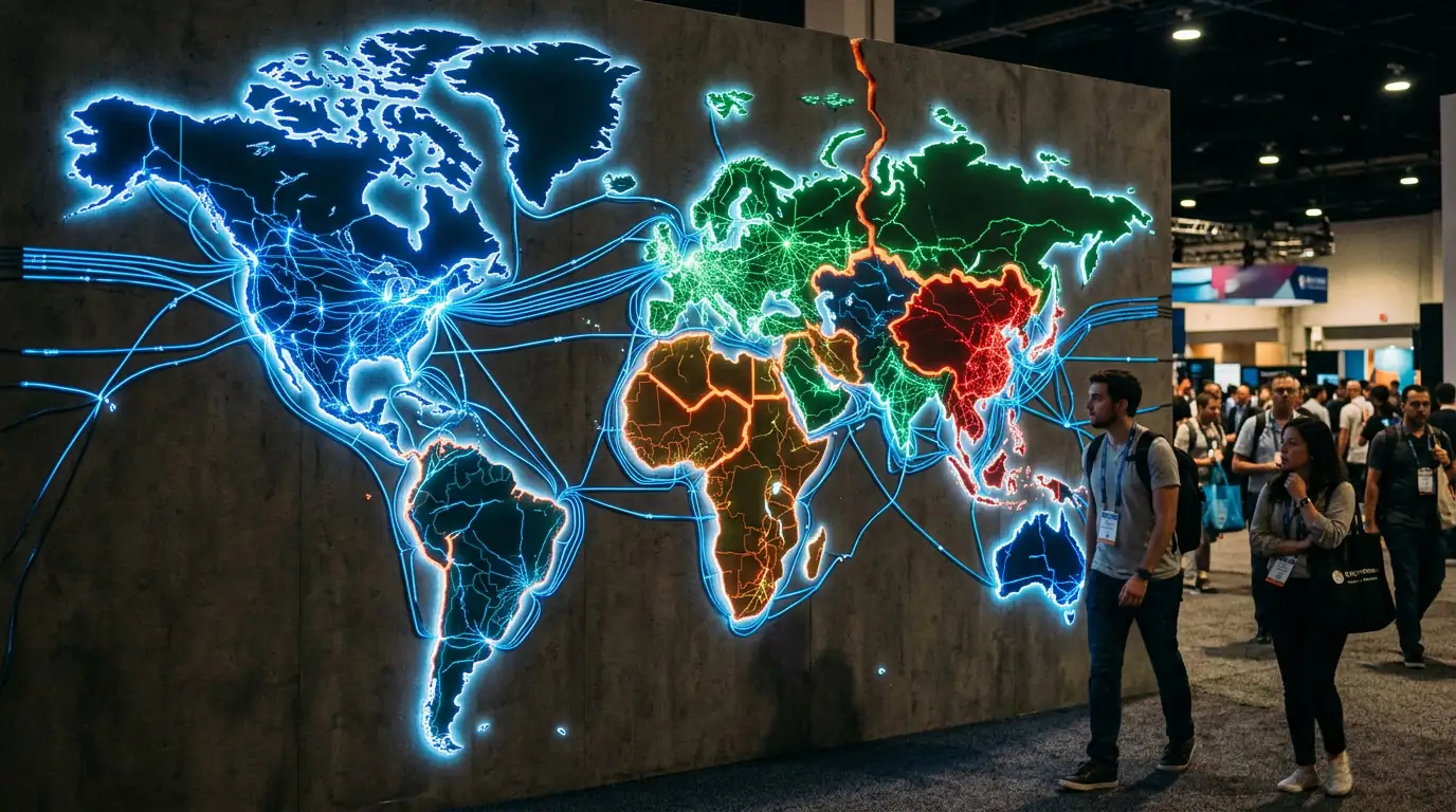 Carte mondiale stylisée du réseau internet se fracturant en blocs régionaux distincts.