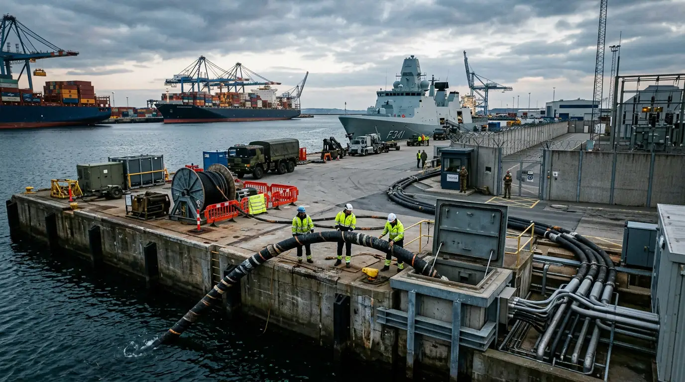 Câble sous-marin et infrastructures portuaires symbolisant la double fonction civile et militaire des réseaux critiques.