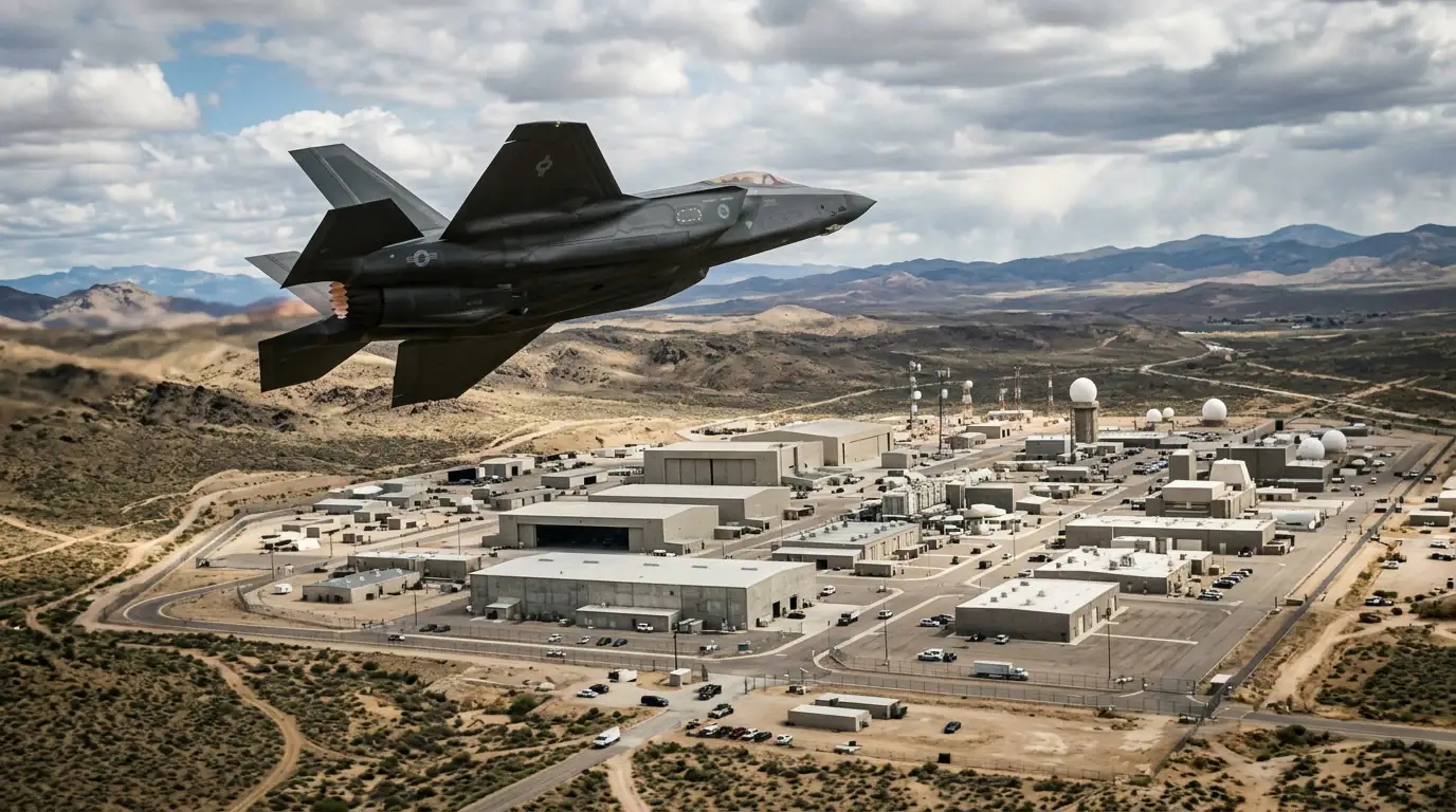 Avion de chasse furtif en vol au-dessus d'un centre de recherche et développement de défense.