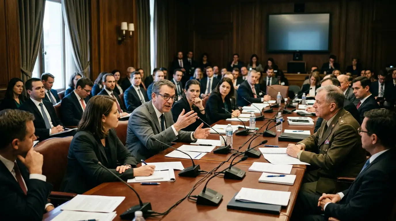 Salle de conférence d'un institut de réflexion stratégique accueillant un débat sur la politique de défense.