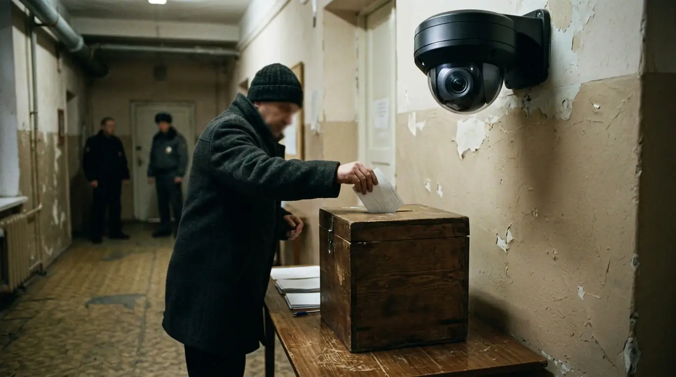 Urne de vote et caméra de surveillance, opposition symbolique entre démocratie et régime autoritaire.