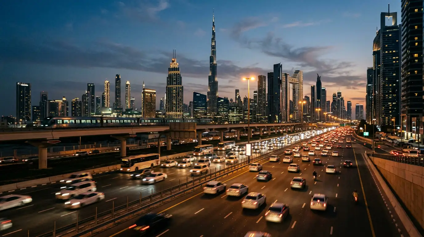 Ligne d'horizon de Dubaï au crépuscule, gratte-ciel et trafic urbain.